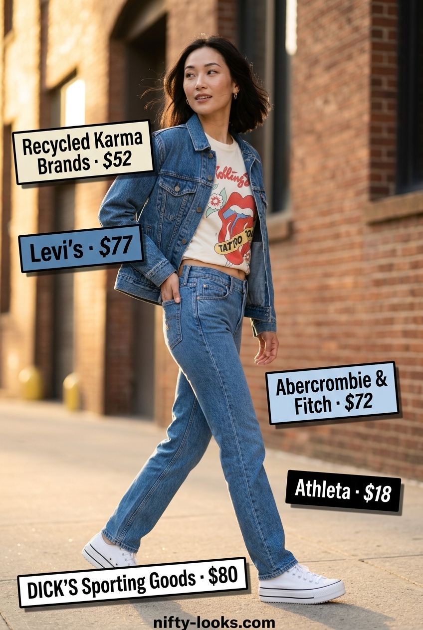 Casual Friday summer outfit for women 2026: Edgy denim jacket, graphic tee, distressed jeans, chunky sneakers & crossbody bag.