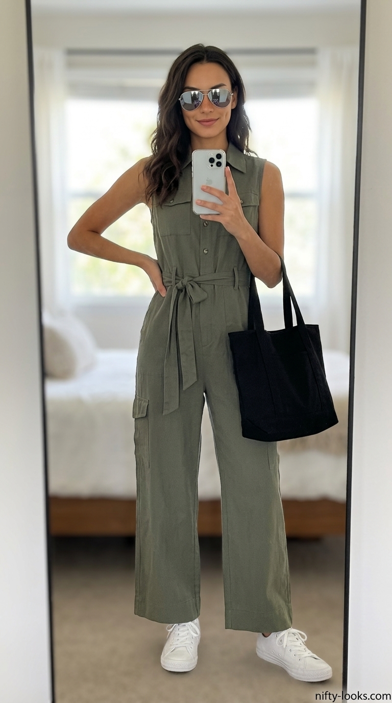 Casual Friday summer outfits for women 2026: Khaki utility jumpsuit, white sneakers, aviator sunglasses.
