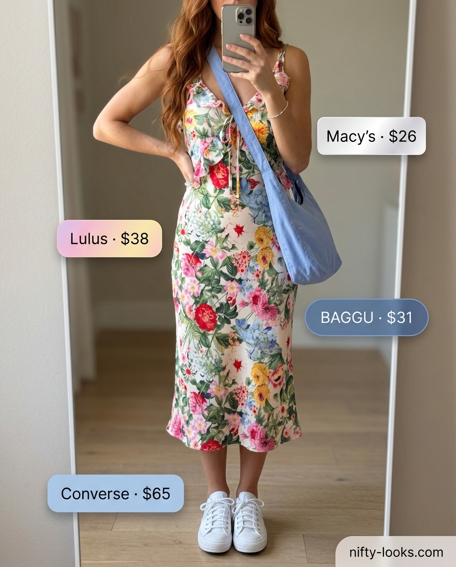 Casual Friday summer outfit for women 2026: Floral midi dress, canvas bag, white sneakers & silver bracelet.