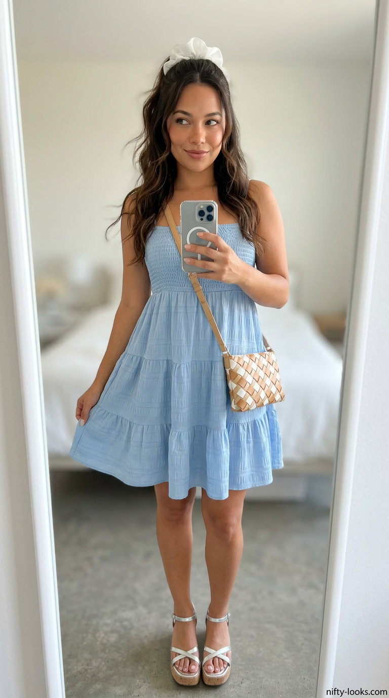 Casual midsize outfits summer for women 2026: Sky blue smocked sundress, white scrunchie, beige wedges for a park stroll.