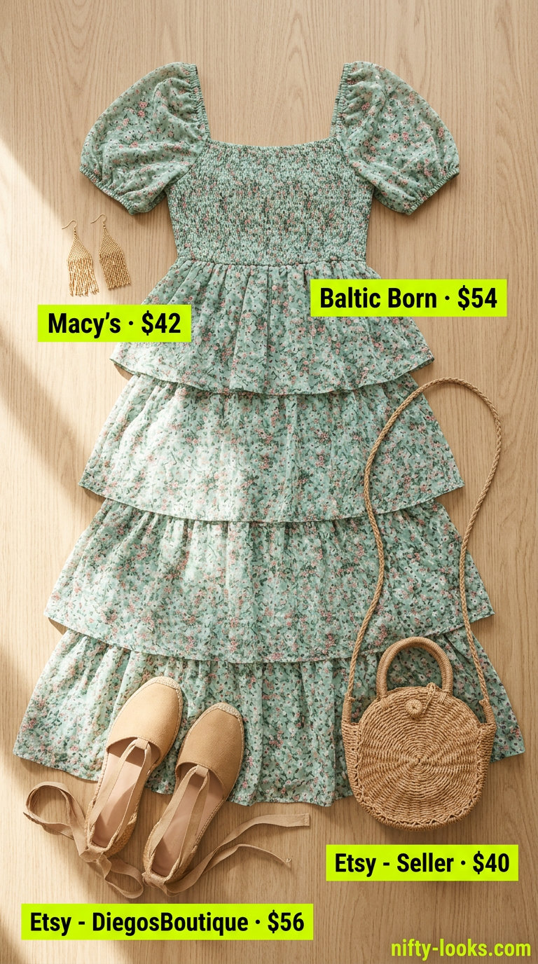 Bohemian garden party outfit for women 2026: Floral maxi dress, gold earrings, straw bag, espadrilles.