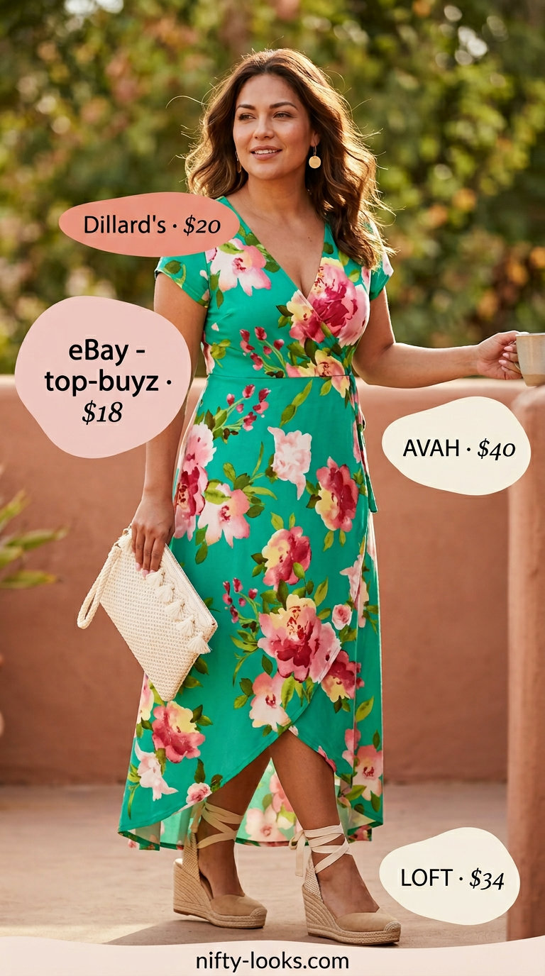 Botanical garden brunch outfit for women 2026: Floral maxi wrap dress, espadrilles, straw clutch.