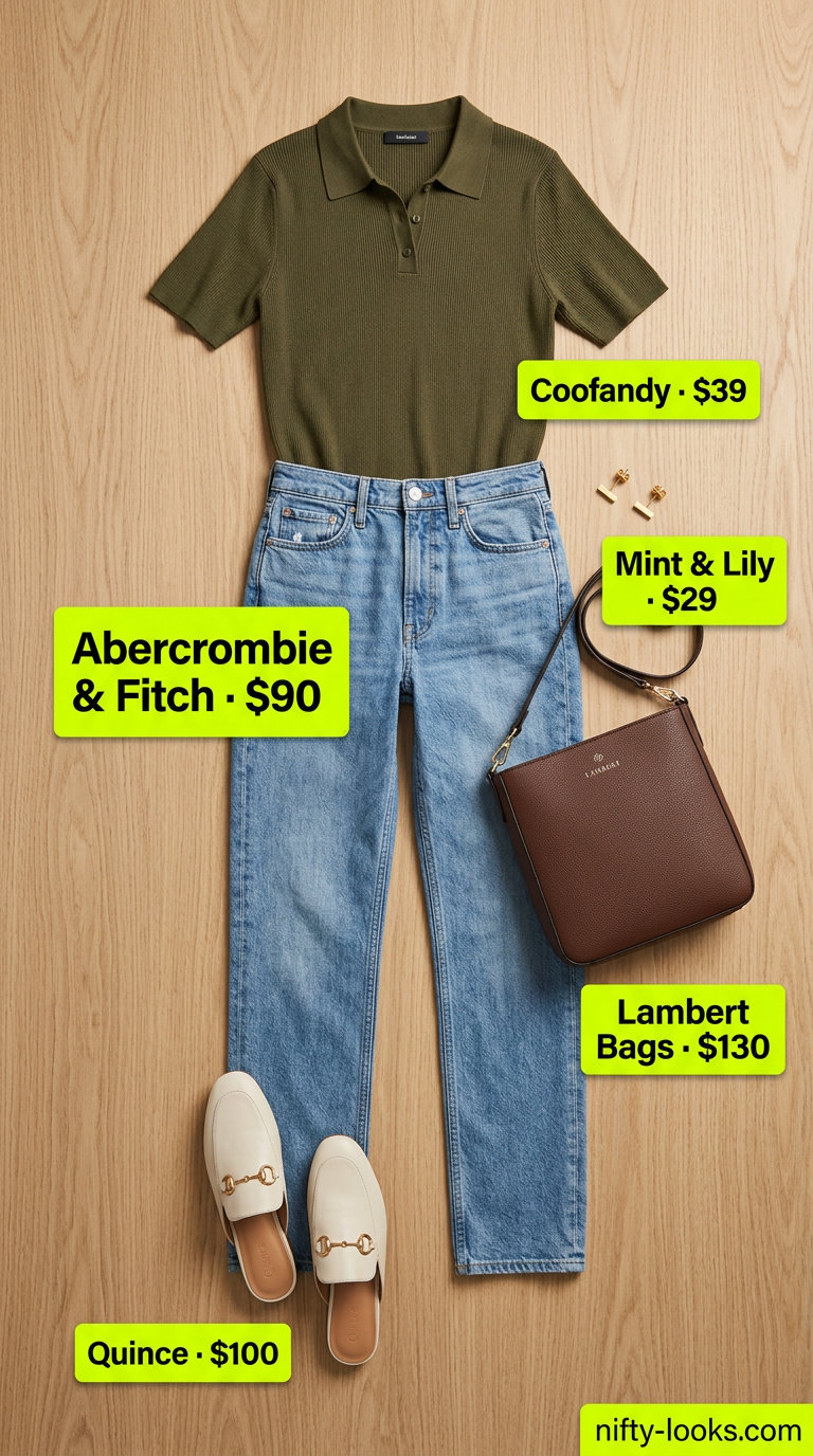 Effortless city stroll outfit for women 2026: Olive polo, high-waist jeans, loafers, crossbody bag.