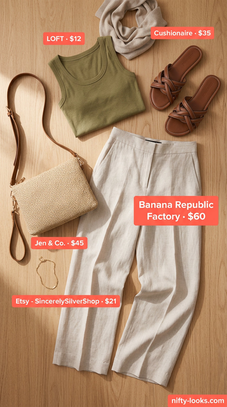 Casual midsize outfits summer for women 2026: Cream linen pants, olive tank, straw bag for brunch.