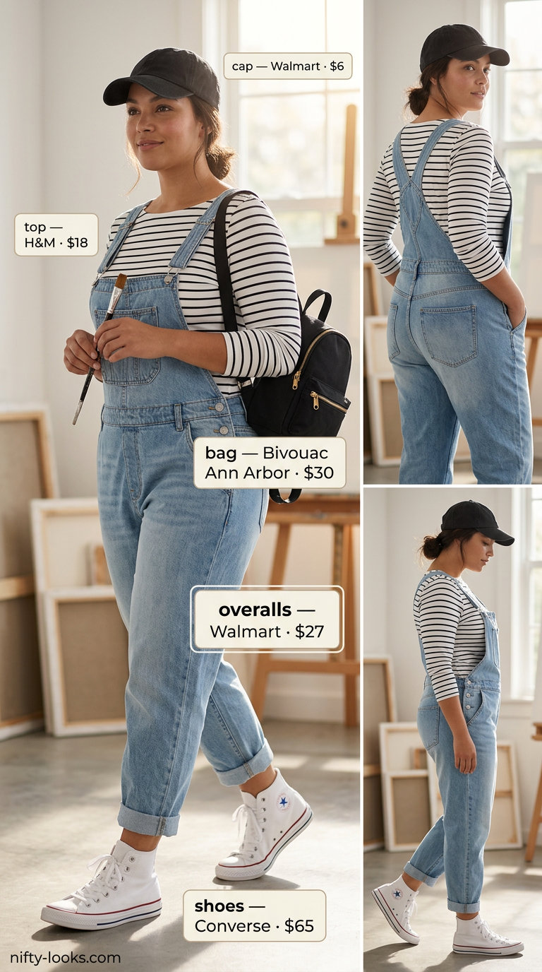 Casual midsize outfits summer for women 2026: Denim overalls, Breton tee, high-tops for DIY day.