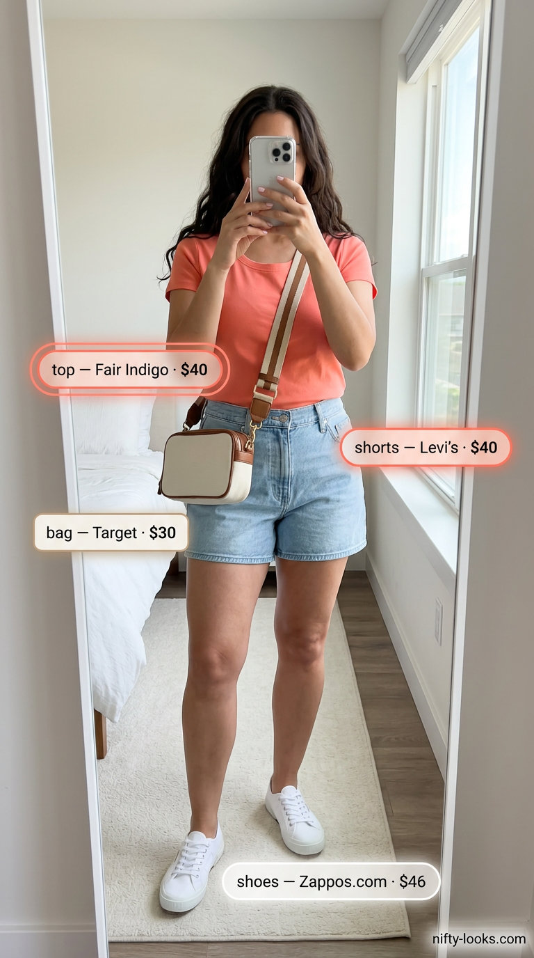 Casual midsize outfits summer for women 2026: Denim shorts, coral tee, white sneakers for market day.