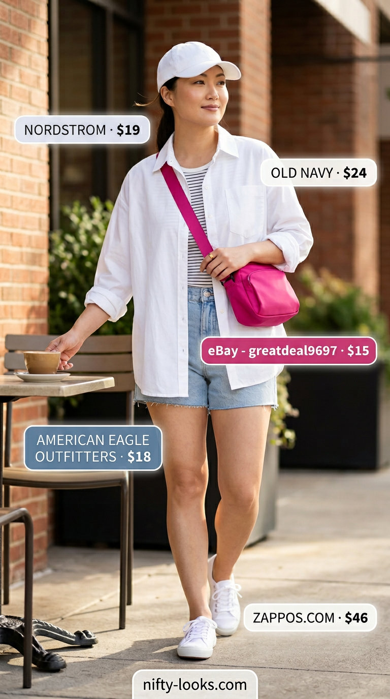 Casual midsize outfits summer for women 2026: Denim shorts, white shirt, pink bag for a park picnic.
