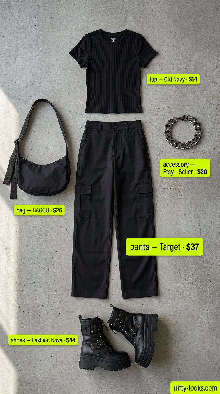 Downtown edge outfit for women 2026: Black cargo pants, crop top, combat boots, silver bracelet.