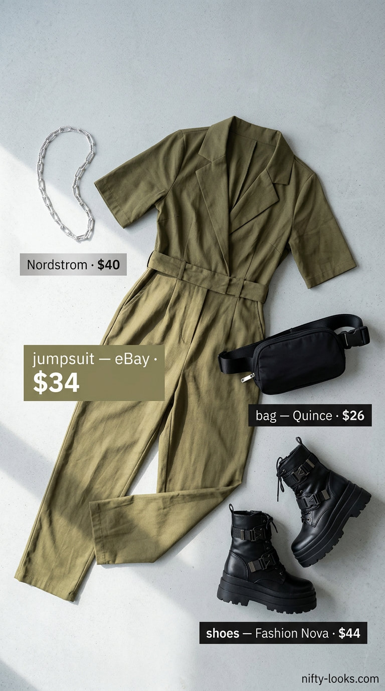 Casual midsize outfits summer for women 2026: Khaki utility jumpsuit, combat boots, black belt bag for festivals.