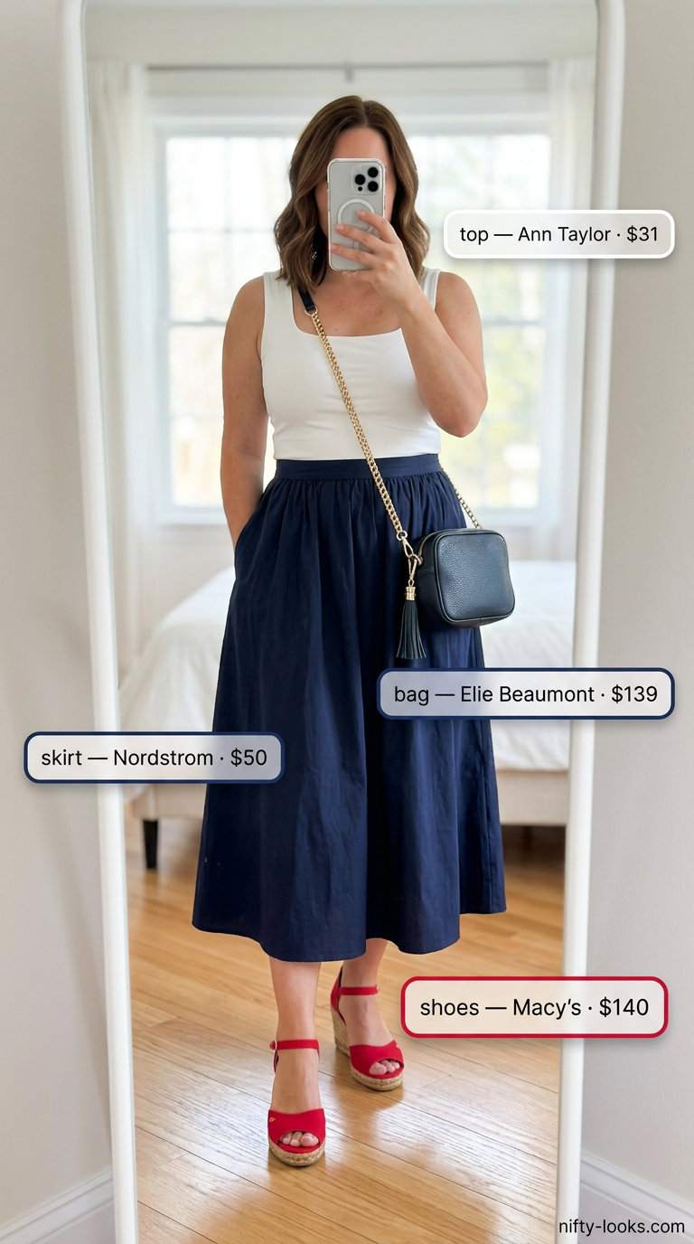 Nautical charm lunch date outfit for women 2026: Navy skirt, white knit top, red espadrilles.