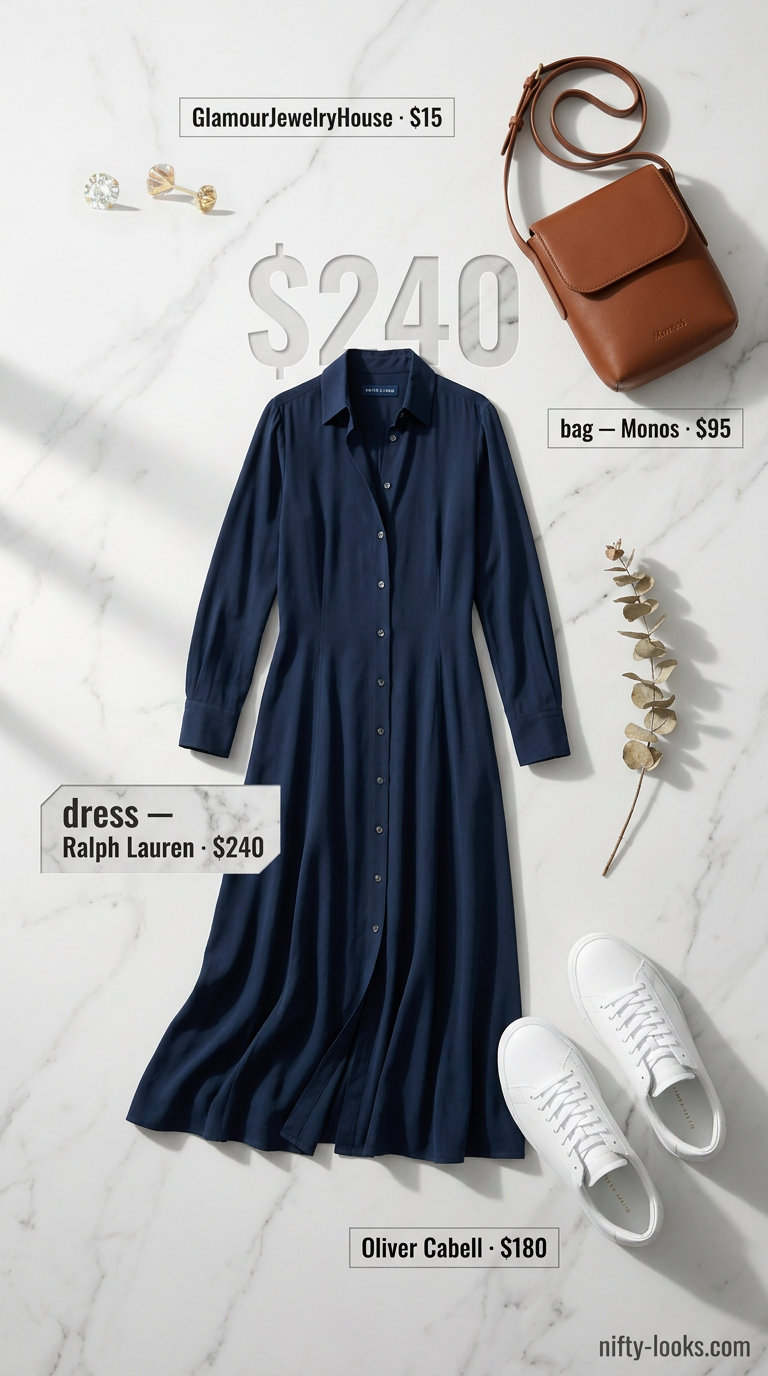 Casual midsize outfits summer for women 2026: Navy shirtdress, white sneakers, cognac crossbody for city exploration.