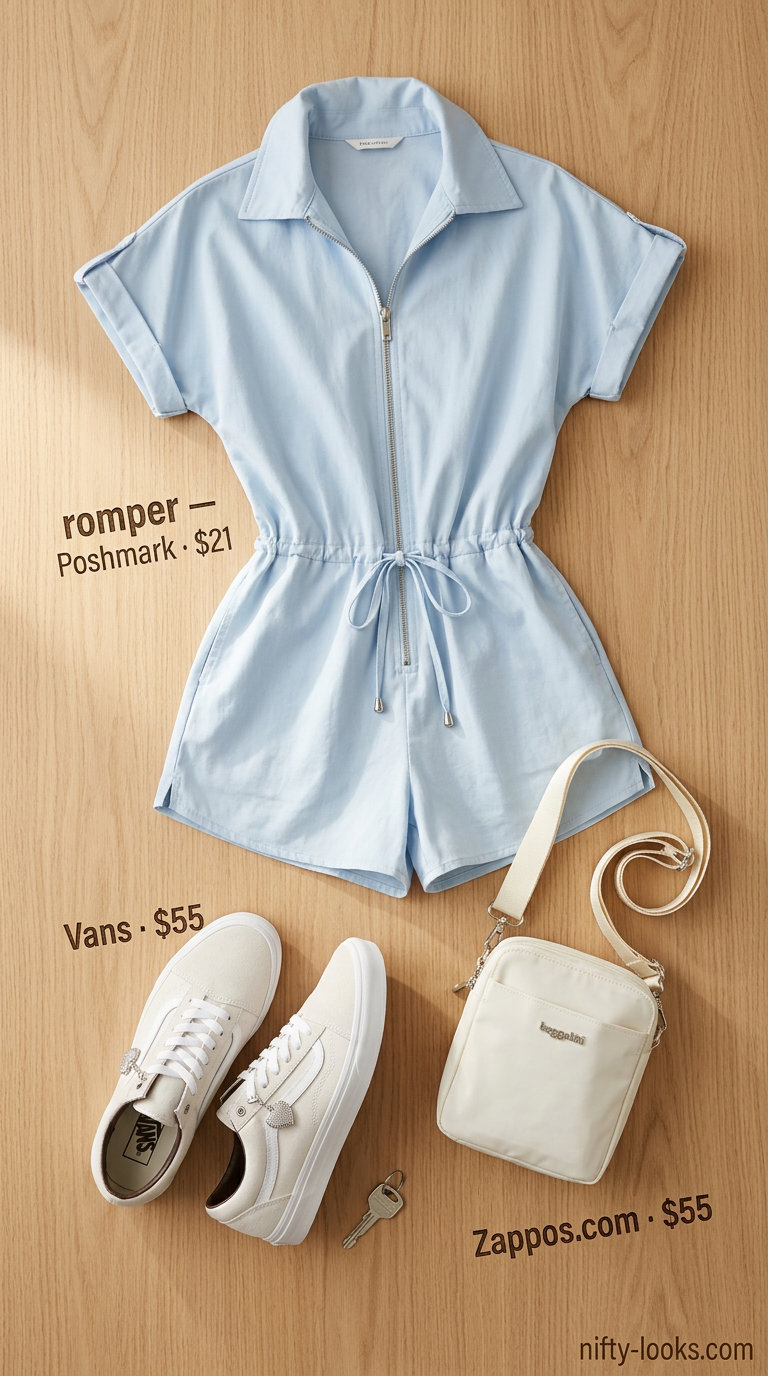 Park day playfulness outfit for women 2026: Pastel blue romper, white sneakers, silver earrings.