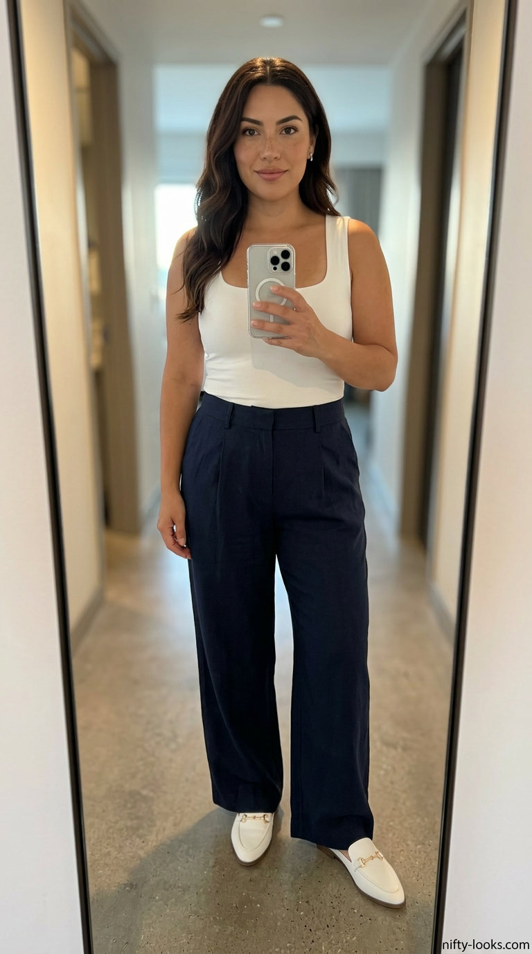 Resort town rendezvous outfit for women 2026: Wide-leg linen pants, white tank, fuchsia bag.