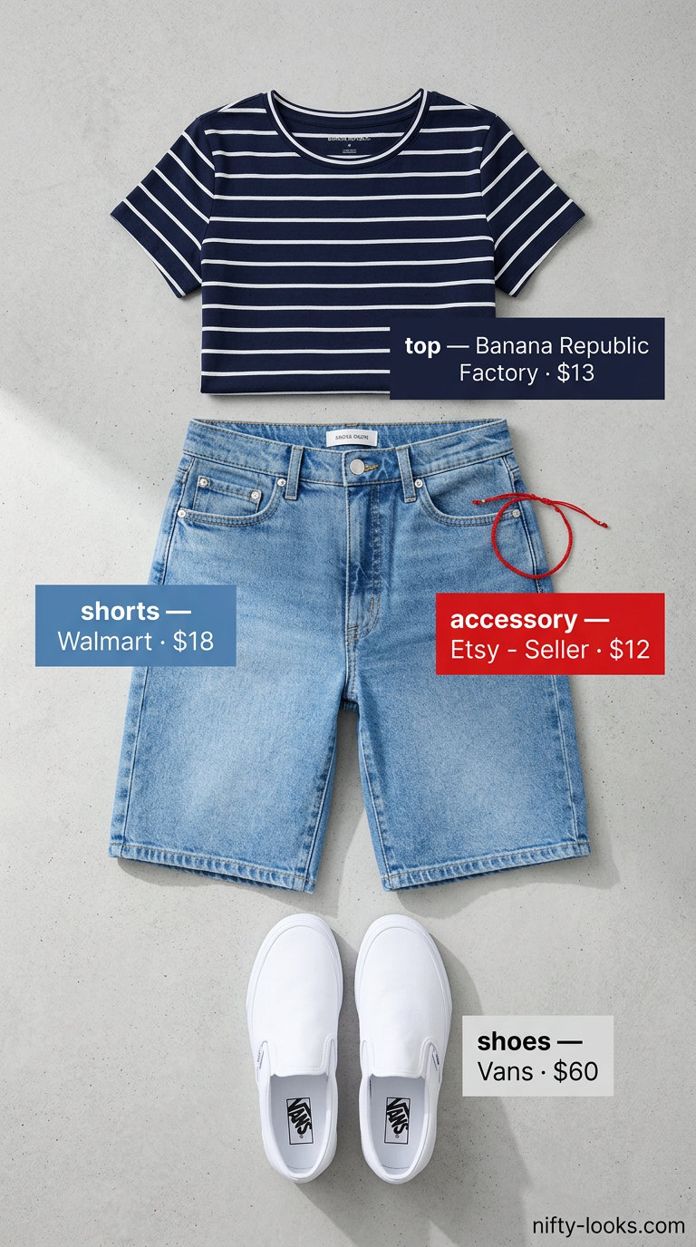 Weekend retreat ready outfit for women 2026: Denim Bermuda shorts, striped tee, white sneakers.