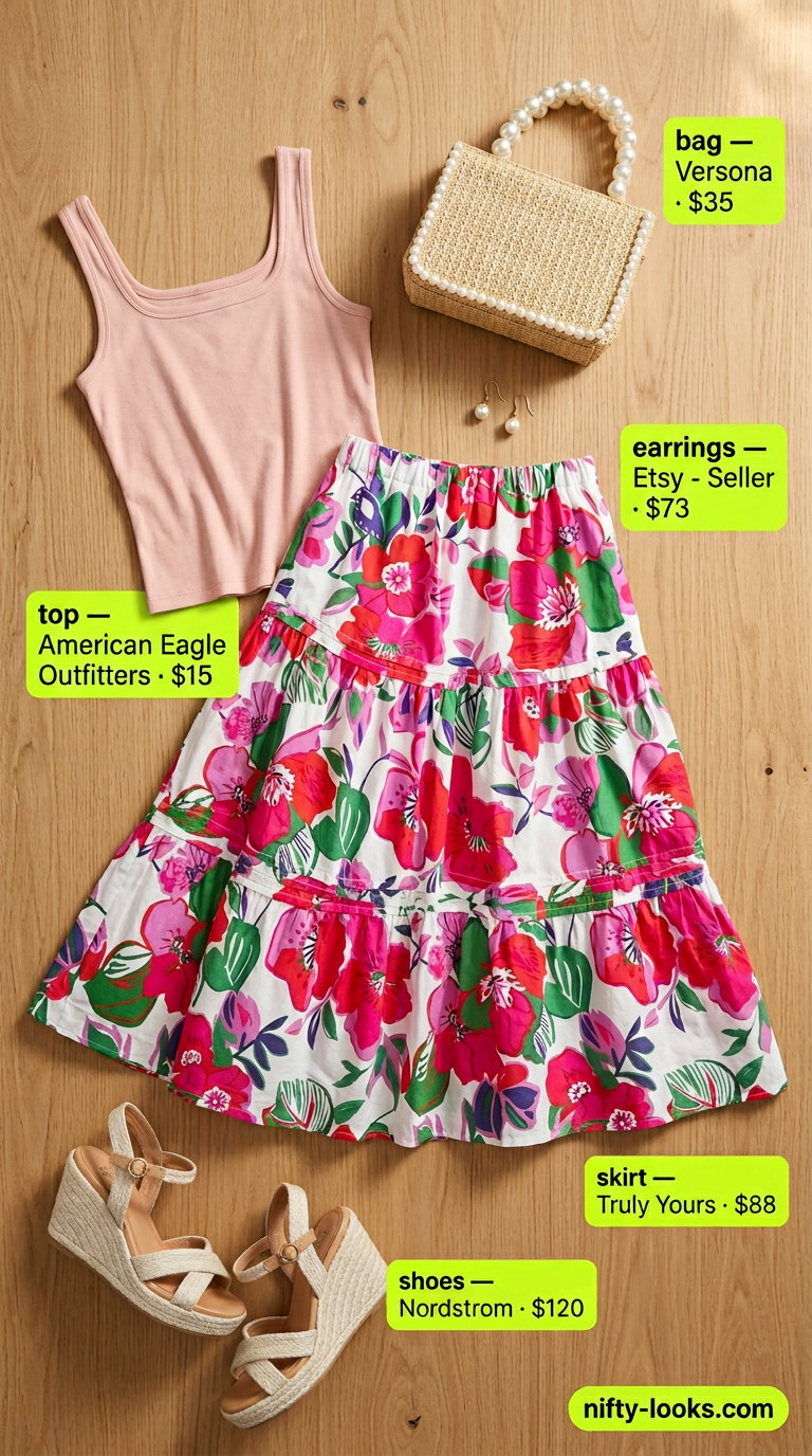 Whimsical garden stroll outfit for women 2026: Floral midi skirt, blush top, espadrilles, pearl earrings.