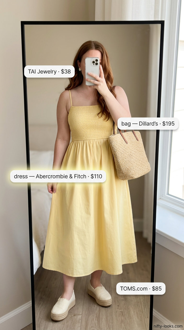 Casual midsize outfits summer for women 2026: Yellow sundress, straw tote, white espadrilles for a picnic.