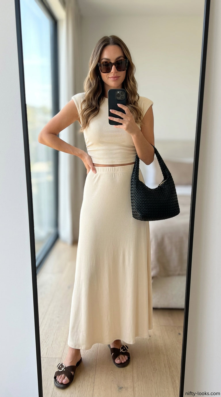 Casual midsize outfits summer for women 2026: Cream knit matching set for a cozy chic farmers market look.