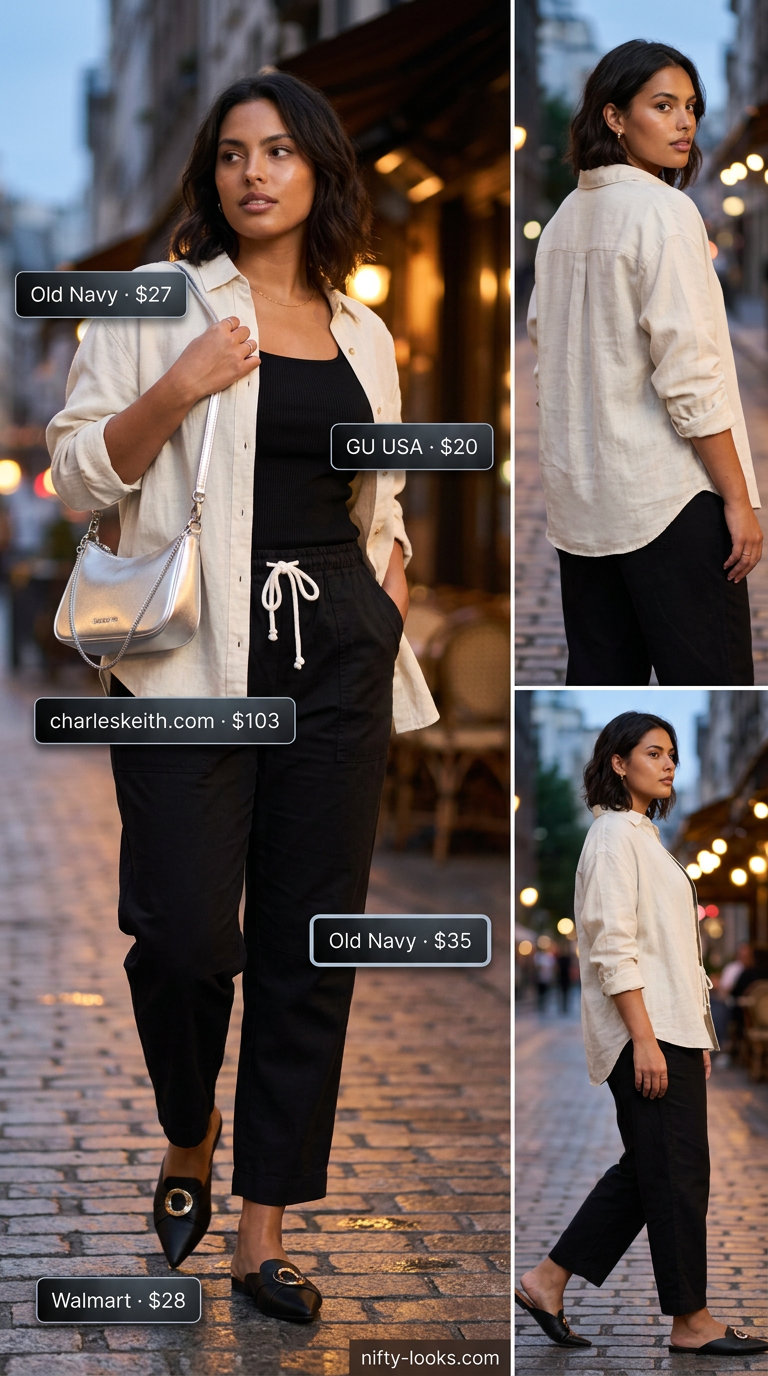 Casual midsize outfits summer for women 2026: Black cargo pants and oversized shirt for edgy evenings.