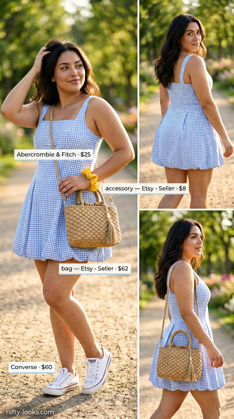 Casual midsize outfits summer for women 2026: Blue gingham sundress for a playful picnic.