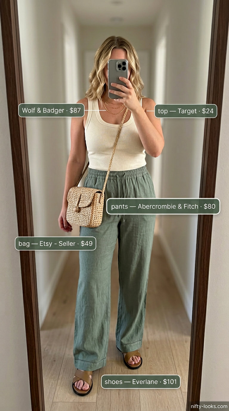 Casual midsize outfits summer for women 2026: Sage green linen pants for a relaxed boardwalk stroll.