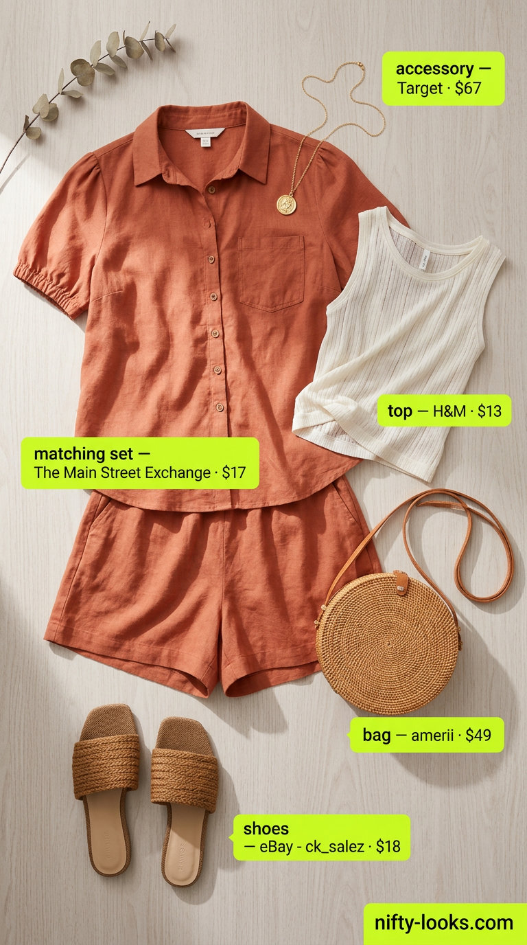 Casual midsize outfits summer for women 2026: Terracotta linen set for a breezy resort getaway.