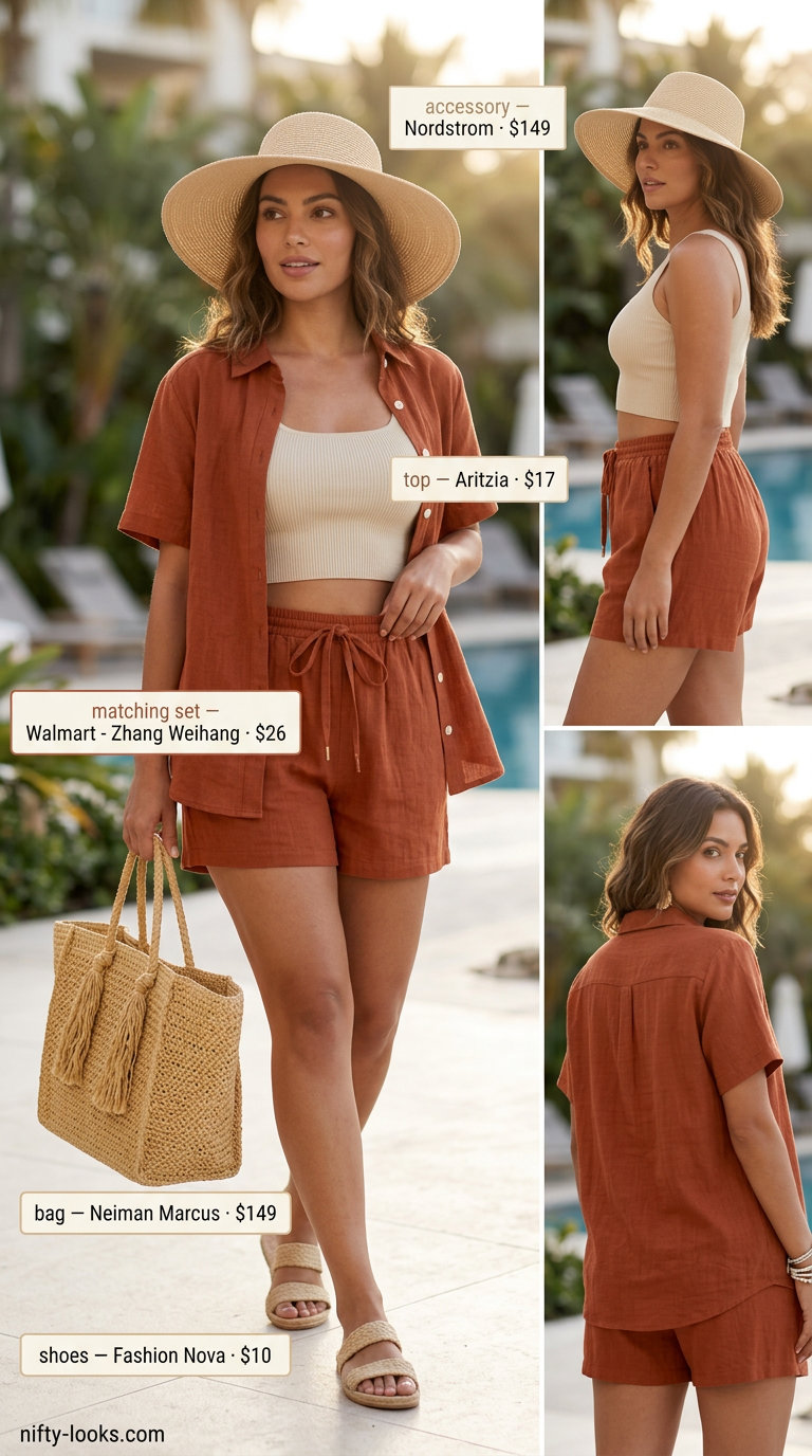 Casual midsize outfits summer for women 2026: Terracotta linen set for resort wear.