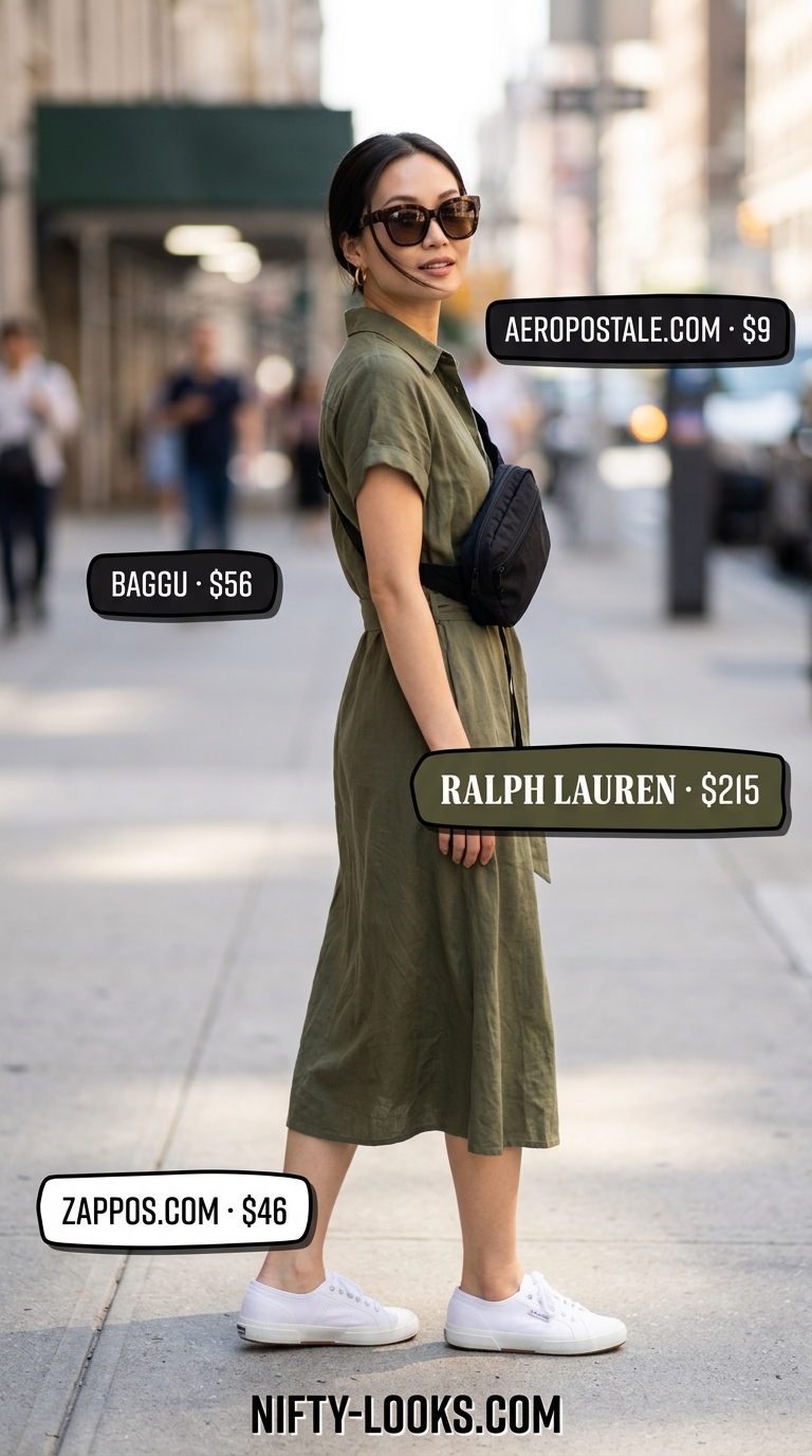 Casual NYC Summer Outfits for Women 2026 Casual NYC summer outfits for women 2026: Olive green shirt dress, white sneakers, and black belt bag.
