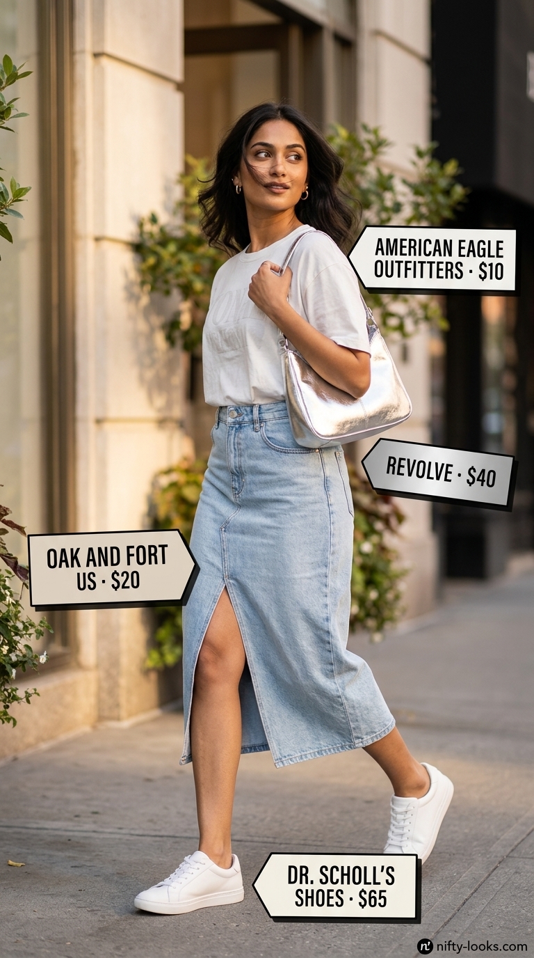Casual NYC Summer Outfits for Women 2026: Denim Skirt Light wash denim midi skirt, pastel pink graphic tee for casual NYC summer outfits for women 2026.