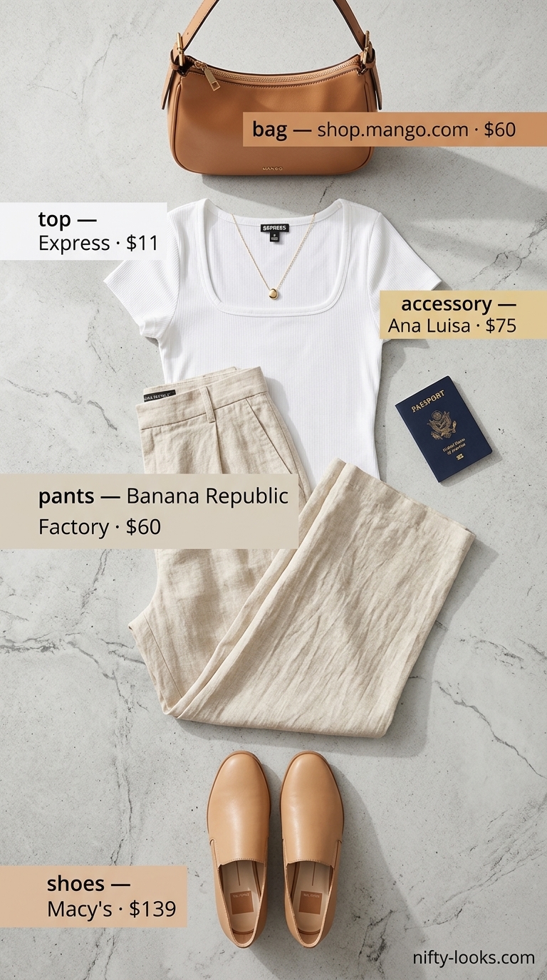 Casual NYC Summer Outfits for Women 2026 Casual NYC summer outfits for women 2026: Beige wide-leg trousers, white crop top, and leather sneakers.