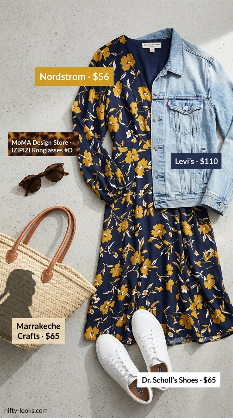 Casual NYC Summer Outfits for Women 2026: Gallery Hopping Dress Casual NYC summer outfits for women 2026: Floral midi dress, denim jacket, white sneakers, and straw tote for gallery hopping.