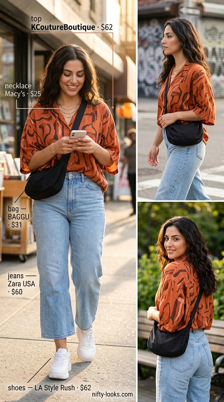 Casual NYC Summer Outfits for Women 2026 Casual NYC summer outfits for women 2026: Rust print top, wide-leg jeans, and platform sneakers.