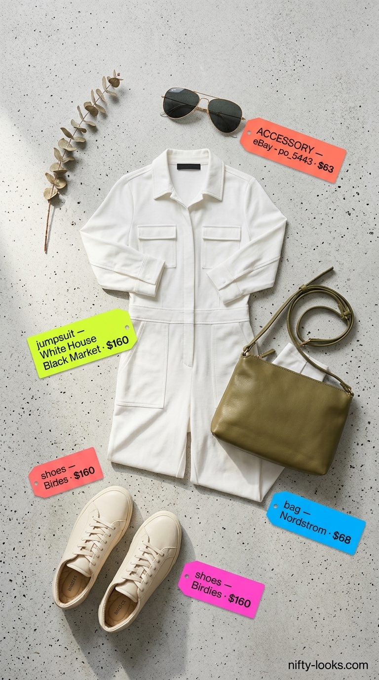 Casual NYC Summer Outfits for Women 2026: Jumpsuit Style Olive green utility jumpsuit, cream sneakers, and gold accessories for casual NYC summer outfits for women 2026.
