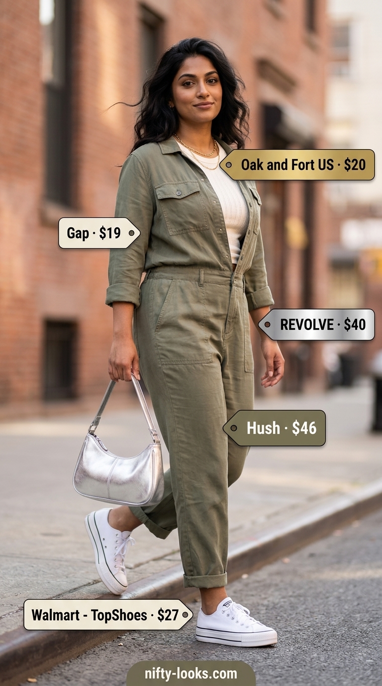 Casual NYC Summer Outfits for Women 2026: Khaki Jumpsuit Khaki utility jumpsuit, cream crop top for casual NYC summer outfits for women 2026.