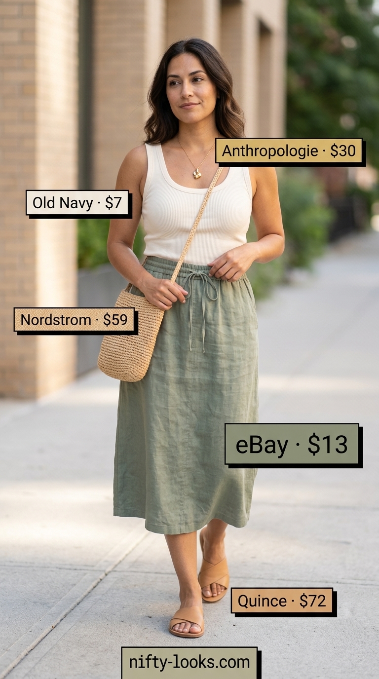 Casual NYC Summer Outfits for Women 2026: Linen Pants Sage green wide-leg linen pants and cream tank top for casual NYC summer outfits for women 2026.