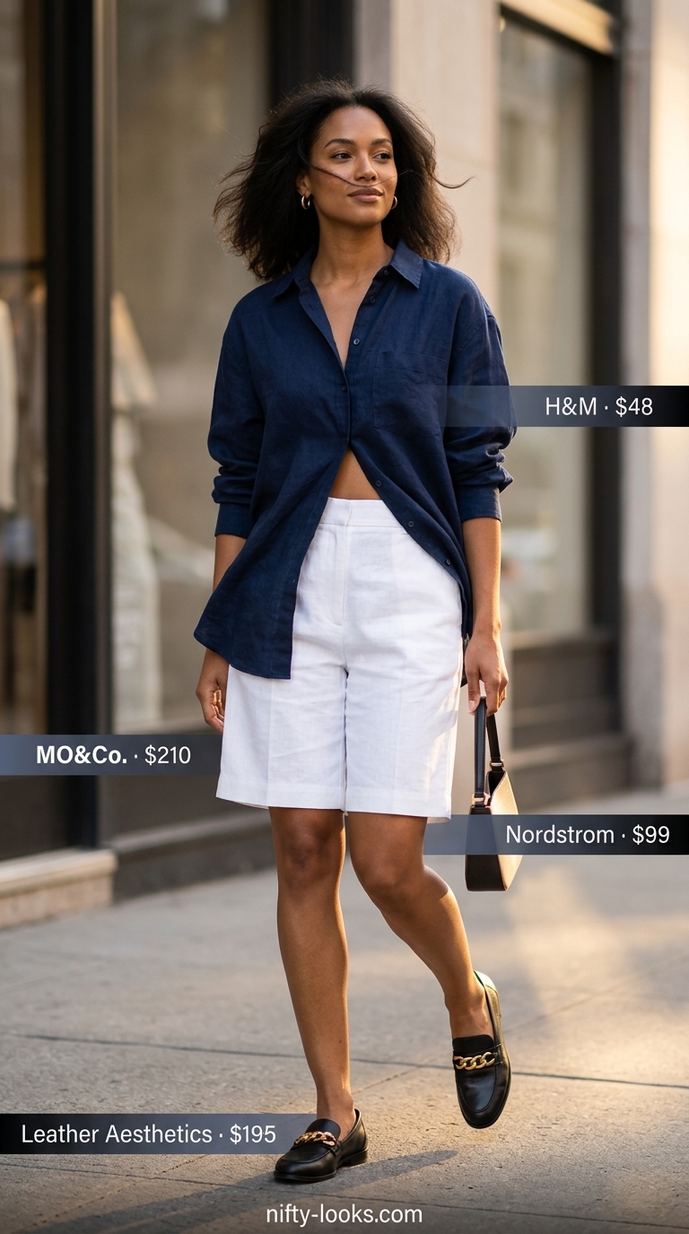 Casual NYC Summer Outfits for Women 2026: Upscale Brunch Shorts Casual NYC summer outfits for women 2026: Linen shorts, white button-down, loafers, and mini bag for upscale brunch.