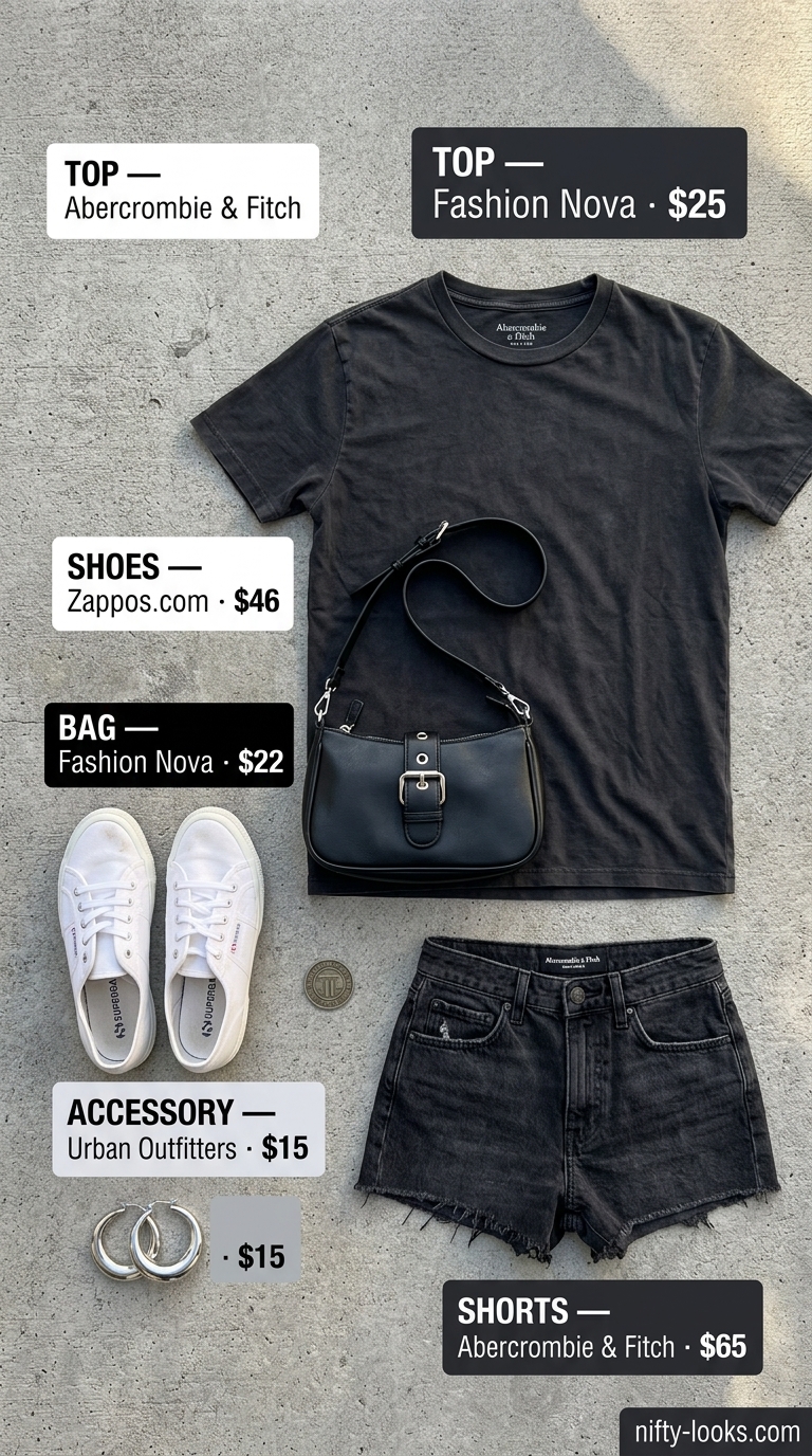 Casual NYC Summer Outfits for Women 2026 Casual NYC summer outfits for women 2026: Edgy distressed denim shorts, olive linen shirt, graphic tee, and canvas sneakers.