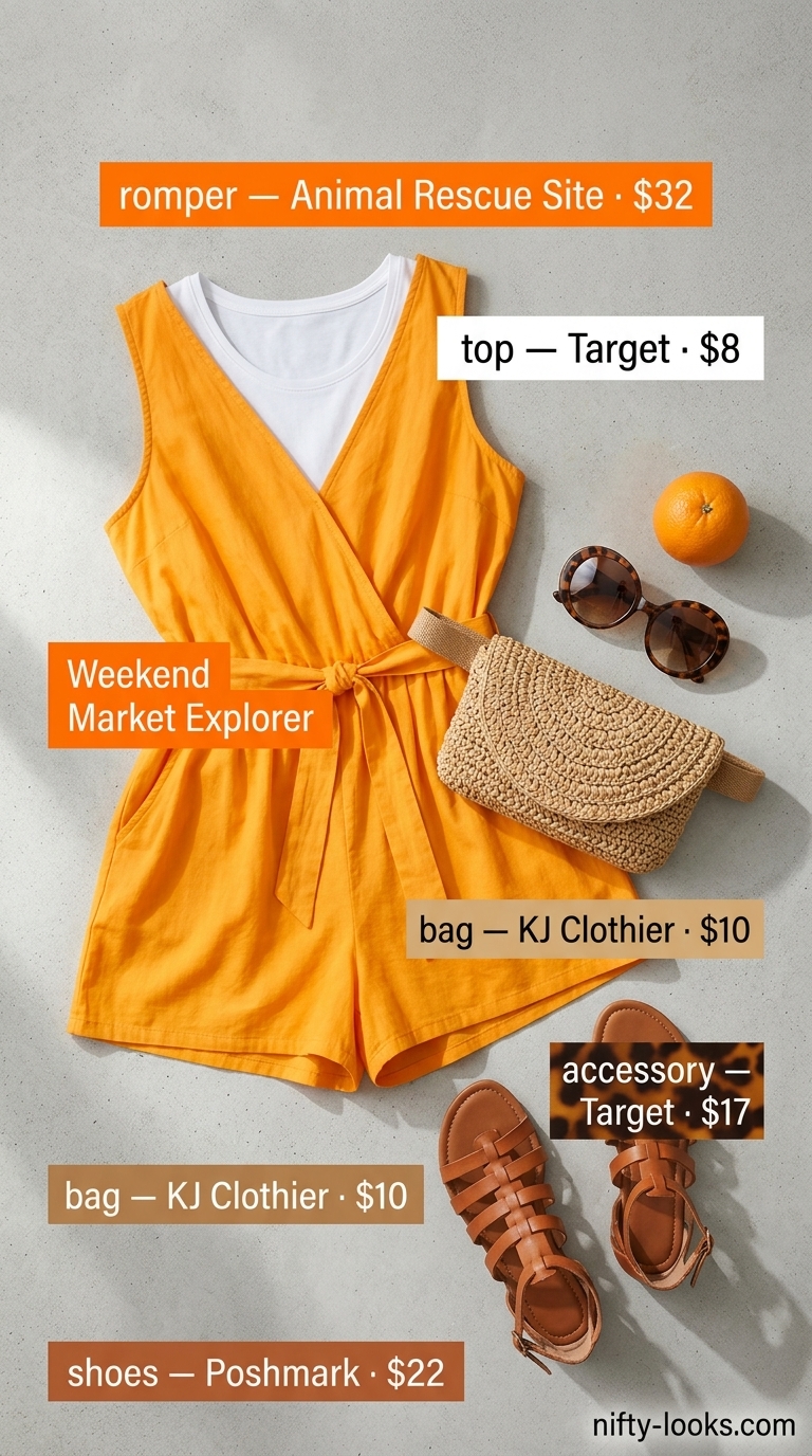 Casual NYC Summer Outfits for Women 2026: Market Explorer Romper Casual NYC summer outfits for women 2026: Bright orange romper, white tank, tan gladiator sandals, and straw belt bag for markets.