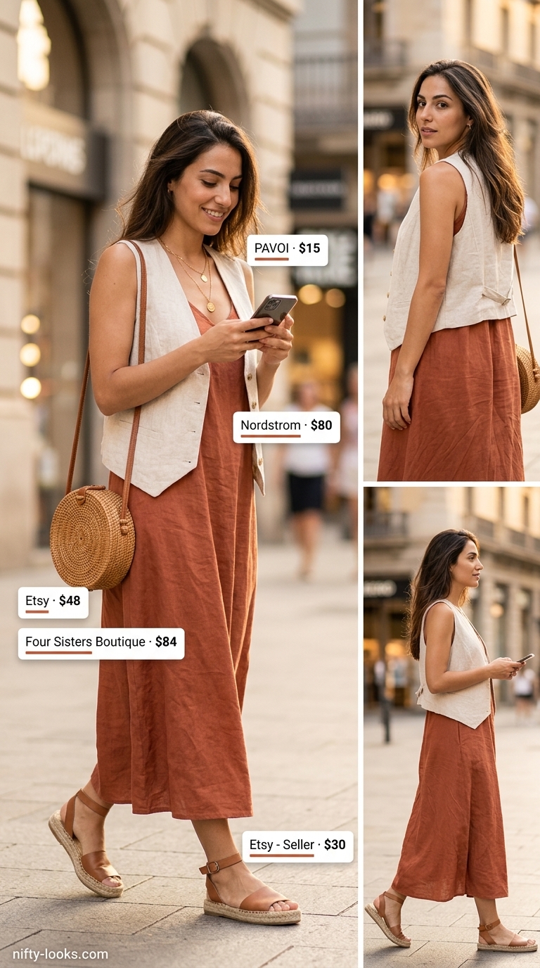 Casual NYC Summer Outfits for Women 2026: Maxi Dress Terracotta print maxi dress, straw hat for casual NYC summer outfits for women 2026.