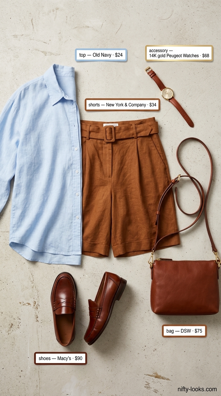 Casual NYC Summer Outfits for Women 2026: Museum Day Shorts Casual NYC summer outfits for women 2026: Linen shorts, pale blue shirt, leather loafers, and crossbody bag for museum visits.