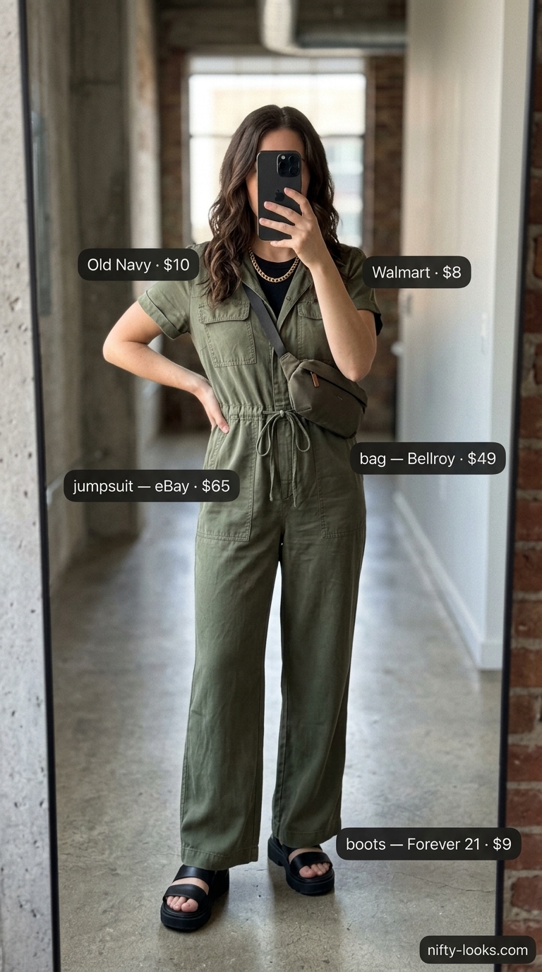 Casual NYC Summer Outfits for Women 2026: Olive Jumpsuit Olive green utility jumpsuit, black tank top for casual NYC summer outfits for women 2026.