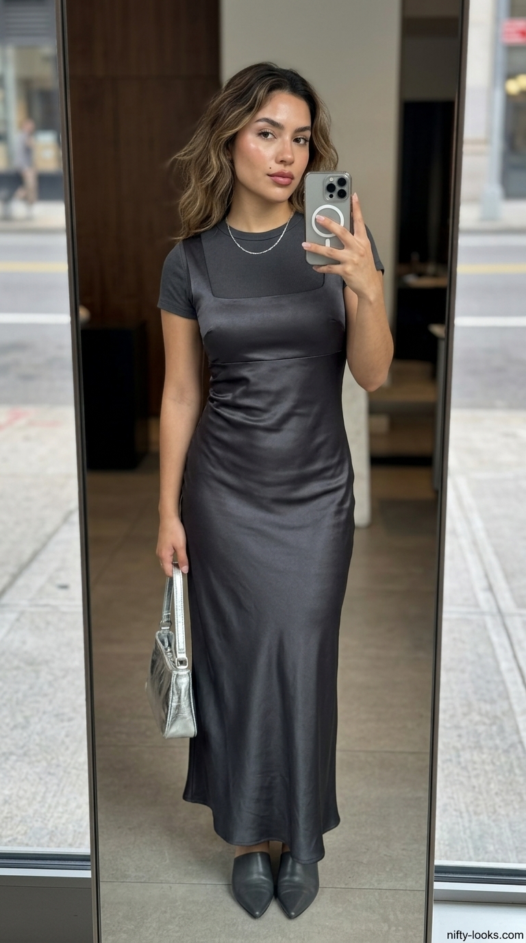 Casual NYC Summer Outfits for Women 2026 Casual NYC summer outfits for women 2026: Minimalist charcoal slip dress, black tee, and leather mules.