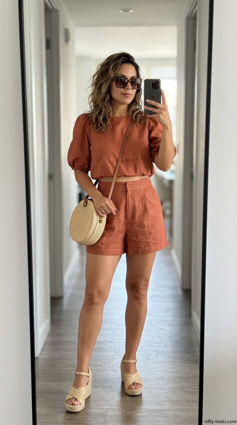 Casual NYC Summer Outfits for Women 2026 Casual NYC summer outfits for women 2026: Terracotta linen set, woven bag, and gold sunglasses.
