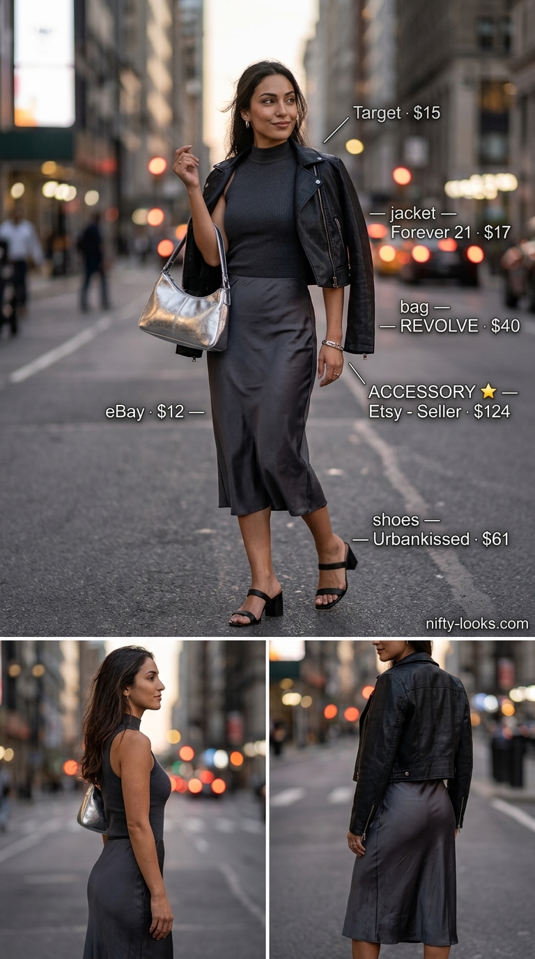 Casual NYC Summer Outfits for Women 2026: Rooftop Drinks Skirt Casual NYC summer outfits for women 2026: Satin slip skirt, black tank, faux leather jacket, and block heels for rooftop drinks.