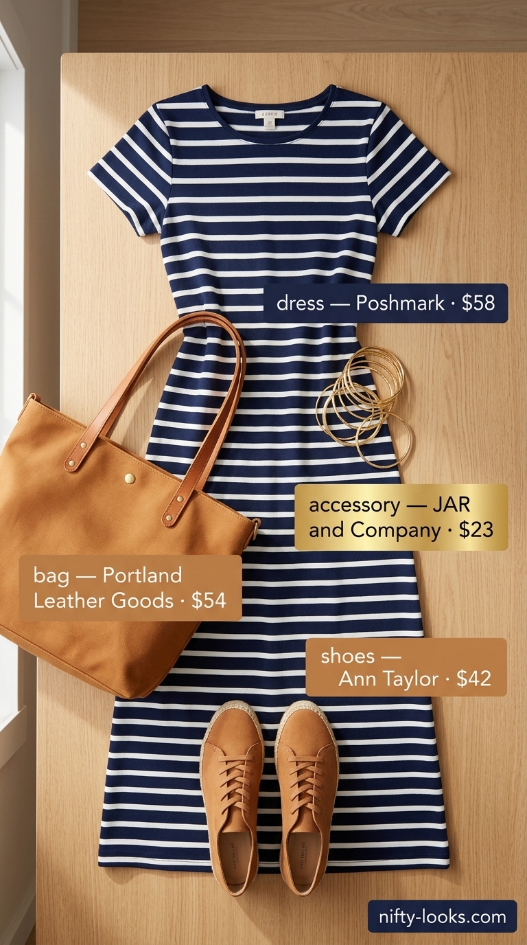 Casual NYC Summer Outfits for Women 2026: Sunset Ferry Dress Casual NYC summer outfits for women 2026: Striped maxi dress, tan espadrilles, straw hat, and canvas tote for evening strolls.