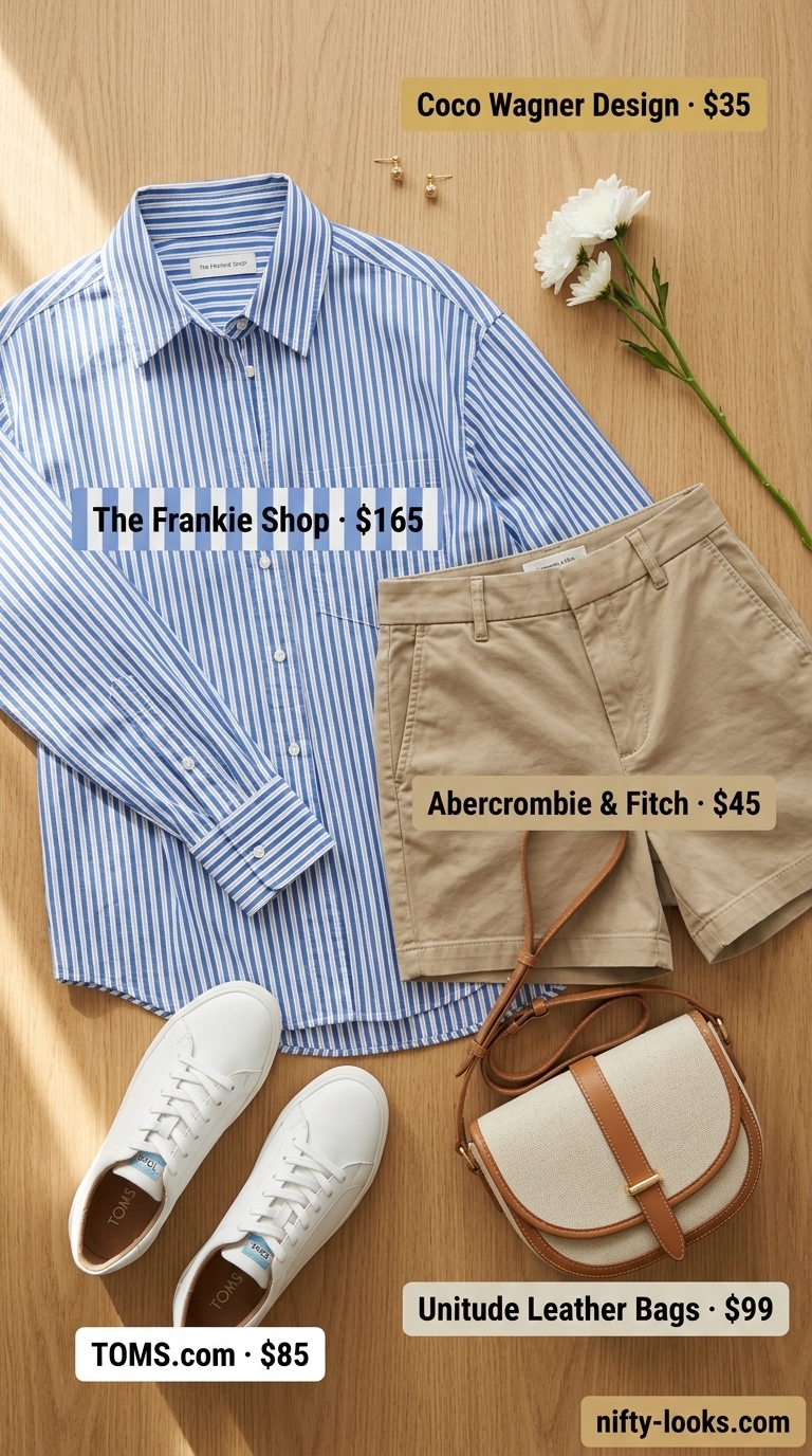 Casual NYC Summer Outfits for Women 2026: Striped Shirt Oversized blue and white striped shirt, khaki shorts for casual NYC summer outfits for women 2026.