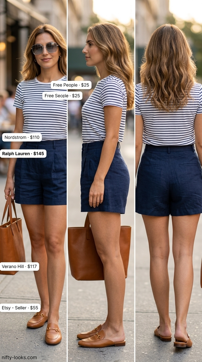 Casual NYC Summer Outfits for Women 2026: Tailored Shorts Navy Bermuda shorts, striped knit top for casual NYC summer outfits for women 2026.