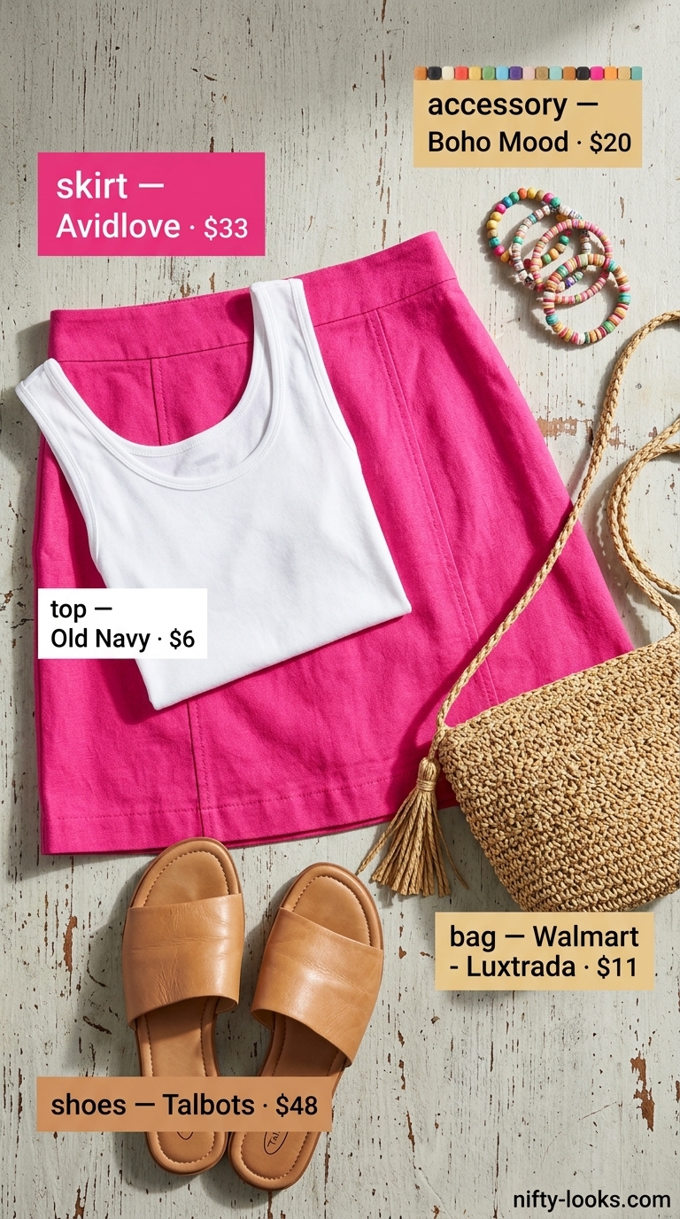 Casual NYC Summer Outfits for Women 2026 Casual NYC summer outfits for women 2026: Fun hot pink mini skirt, ribbed tank, and straw crossbody bag.