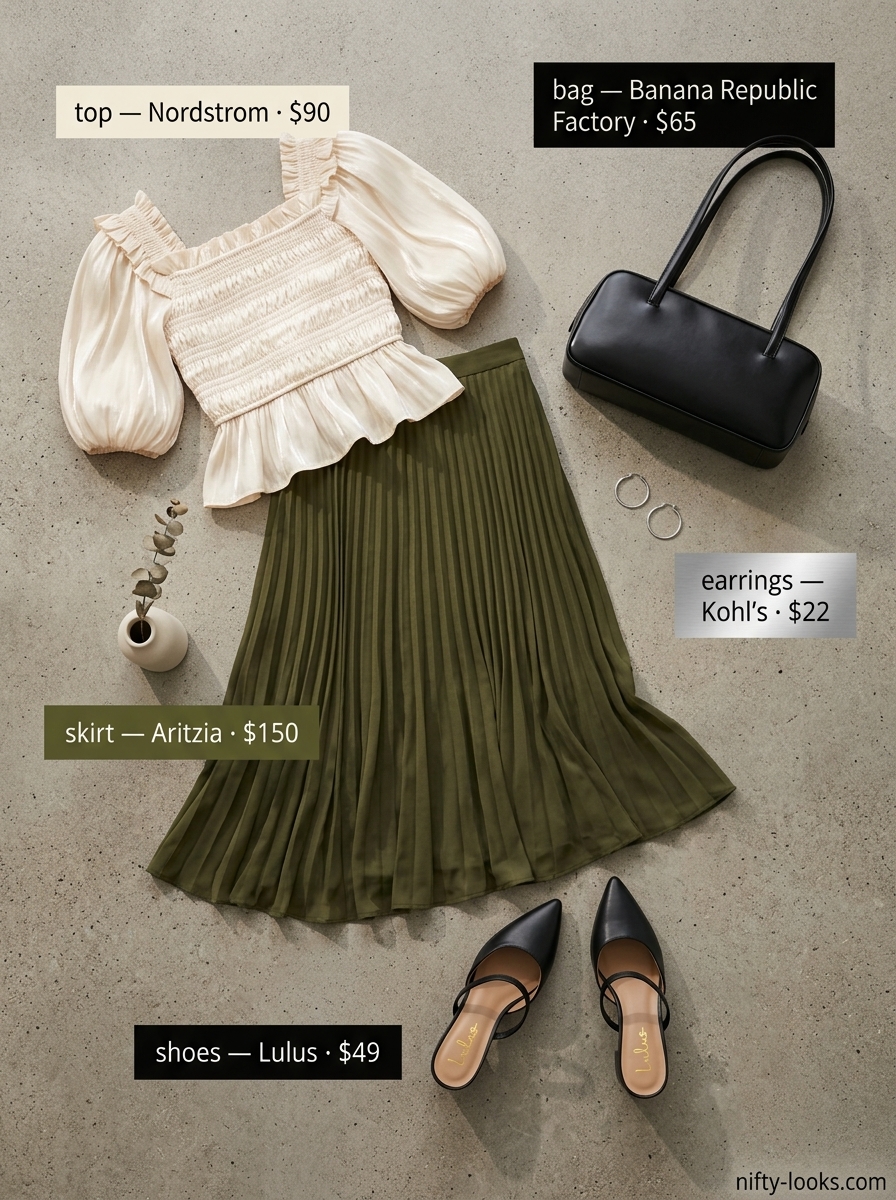 Casual outfits for women with Inverted Triangle Shape 2026: Olive A-line skirt, cream blouse, black mules, silver earrings.