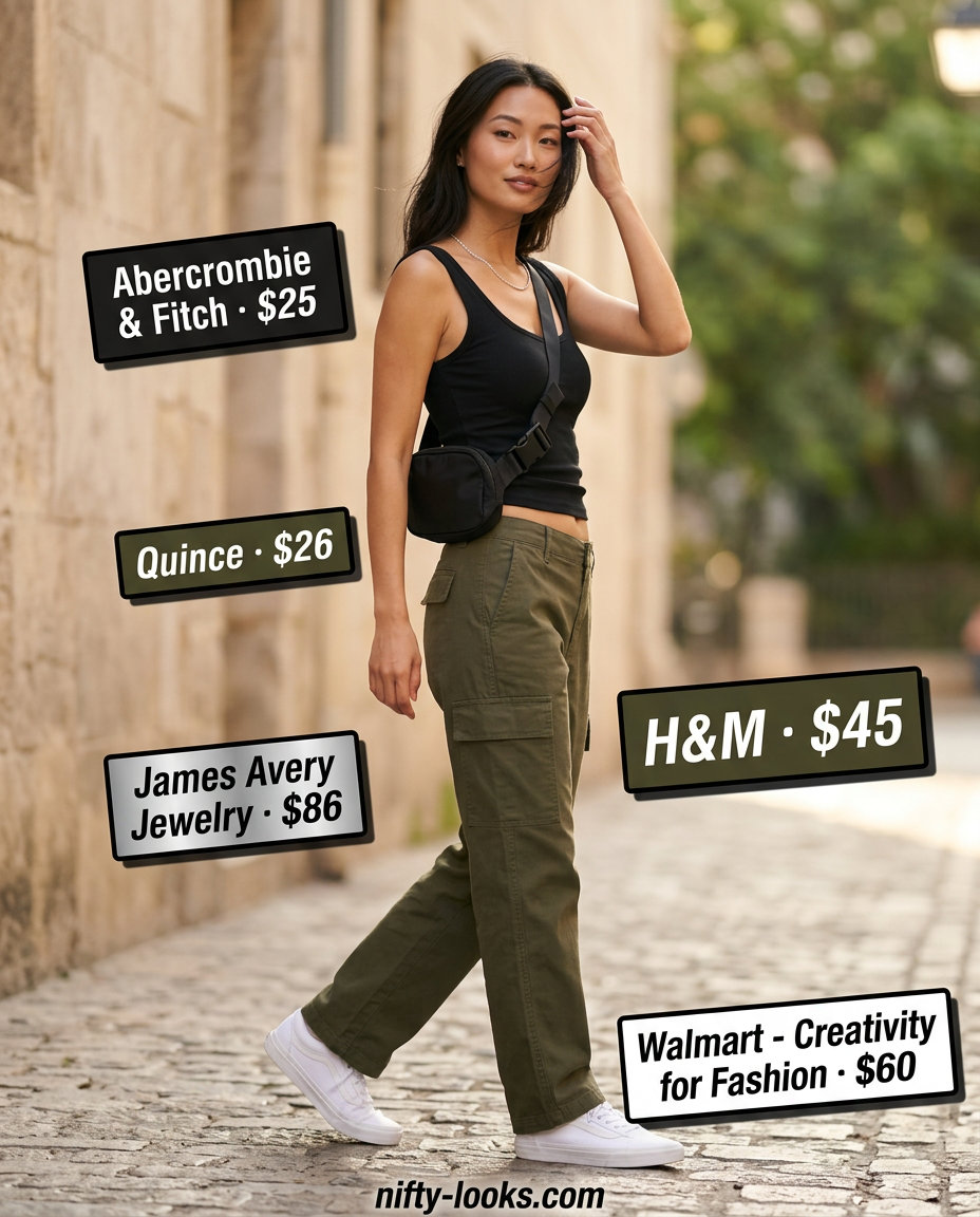 Casual outfits for women with Inverted Triangle Shape 2026: Khaki cargo pants, black tank, white sneakers, silver necklace.