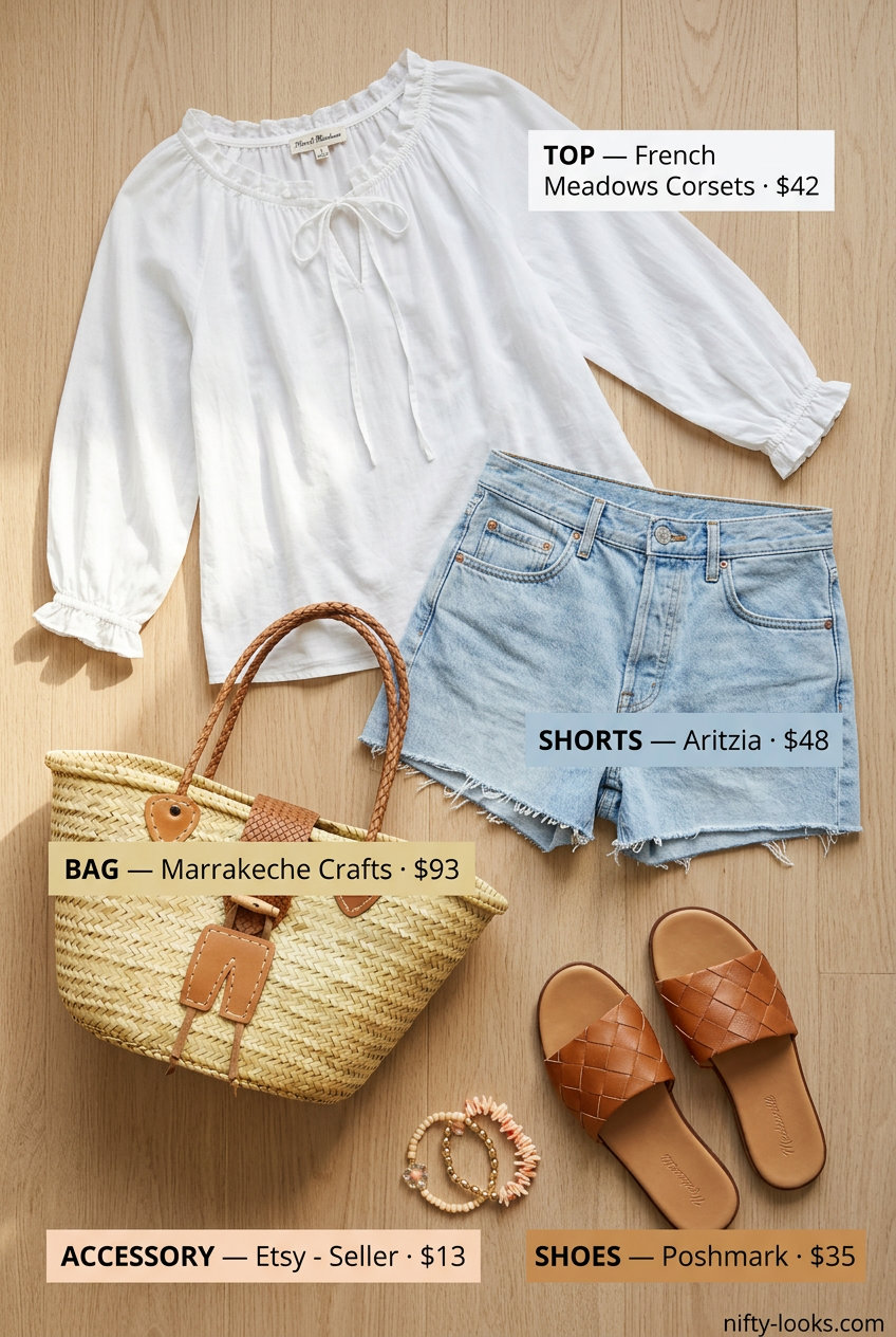 Casual outfits for women with Inverted Triangle Shape 2026: Flowy white peasant blouse with denim shorts & straw tote.